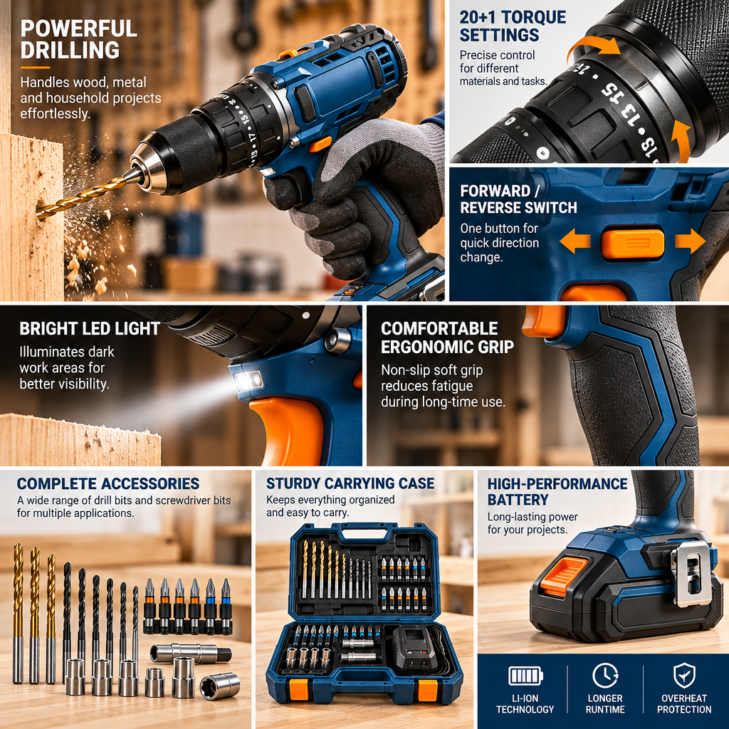 Evrelina Cordless Drill and Driver Home Project Kit — features view