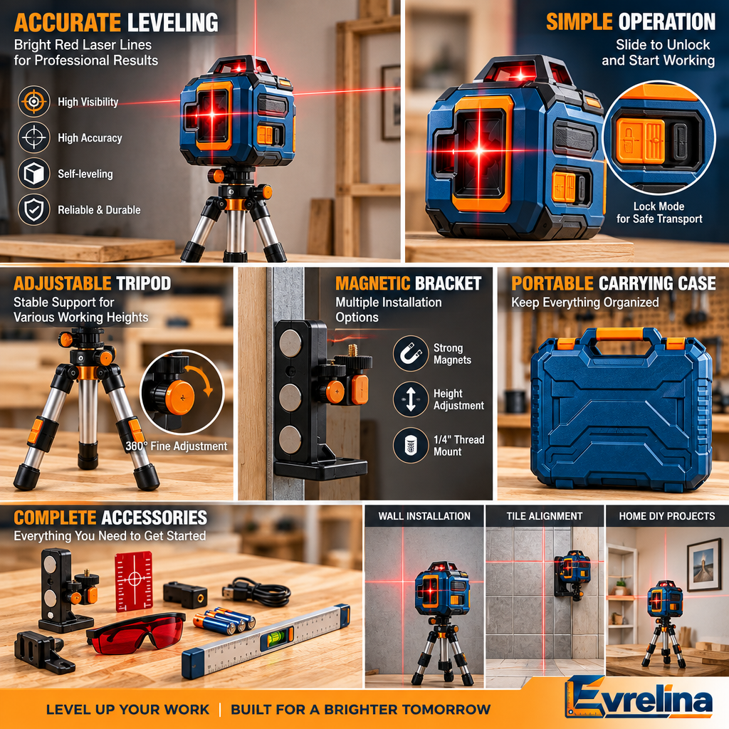 Evrelina Self-Leveling Cross-Line Laser Level Kit — features view
