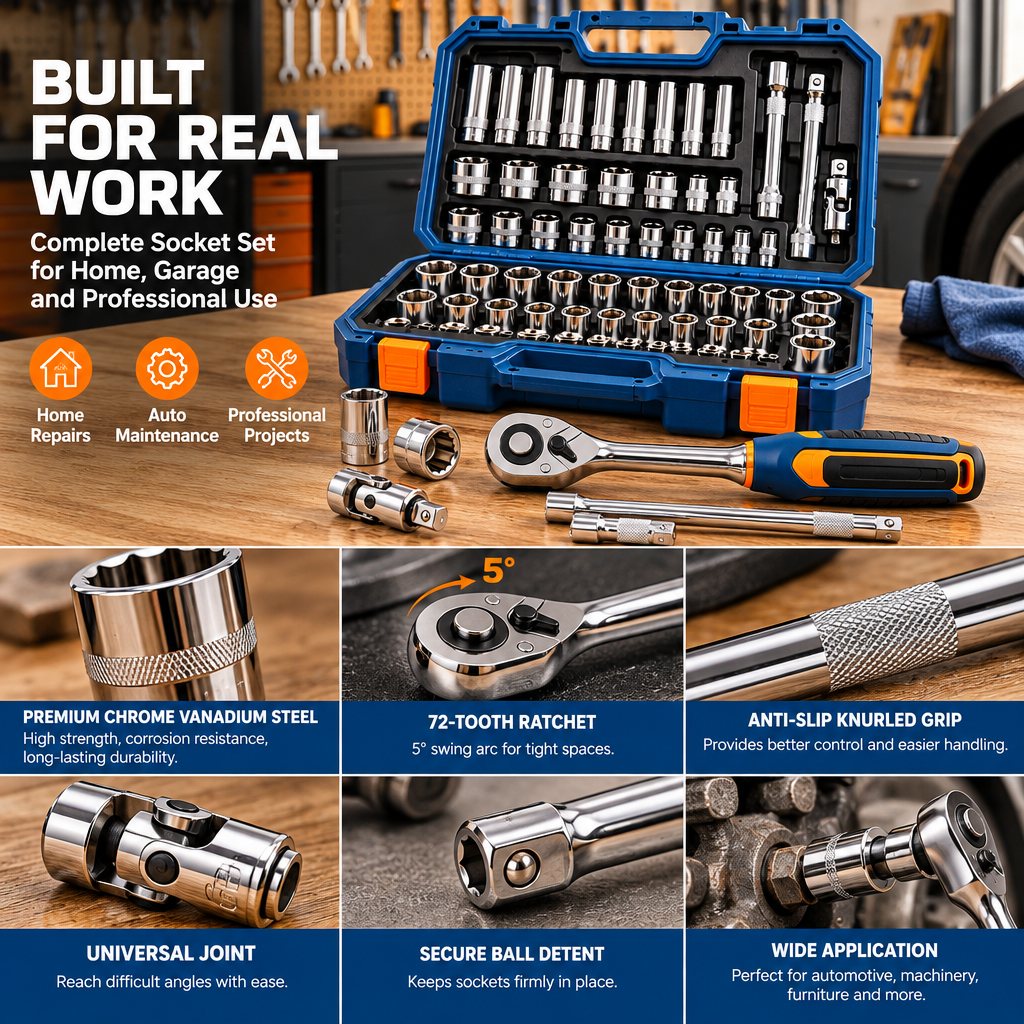Evrelina Chrome Ratchet and Socket Repair Set — features view
