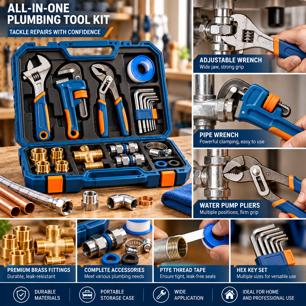 Evrelina Home Plumbing Repair Tool and Fitting Kit — features view