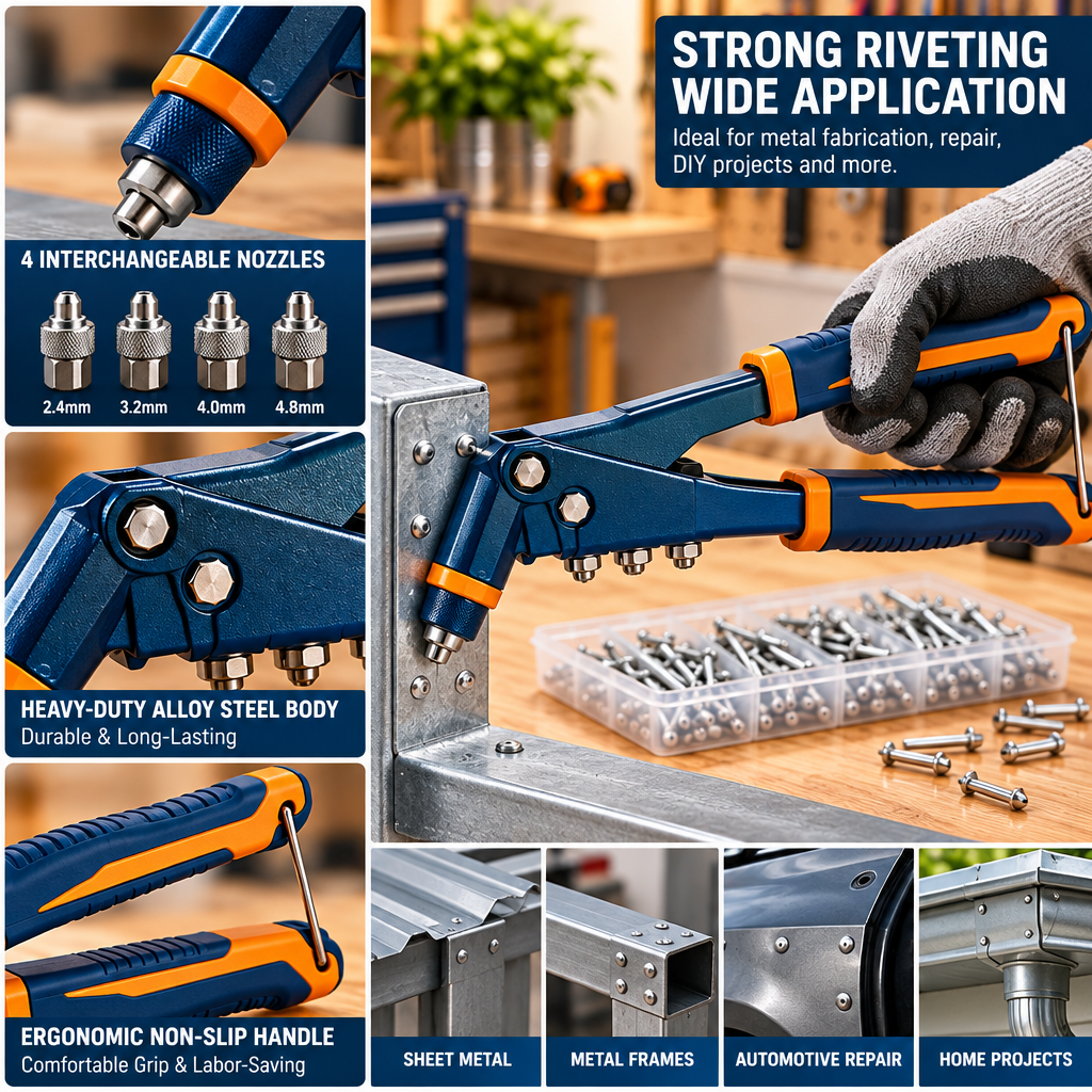 Evrelina Heavy-Duty Hand Riveter and Rivet Assortment Kit — features view