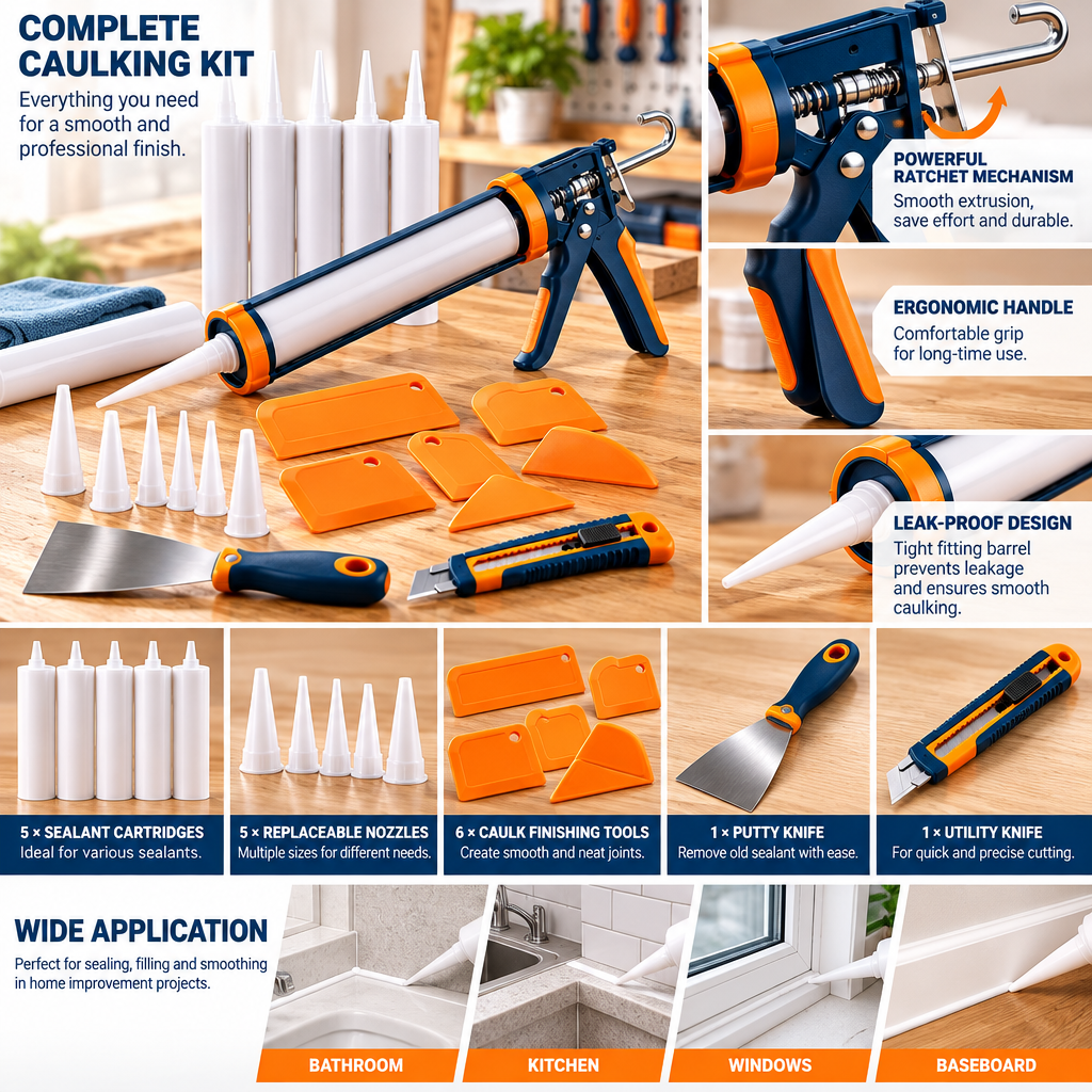Evrelina Professional Caulking Gun and Finishing Tool Set — features view