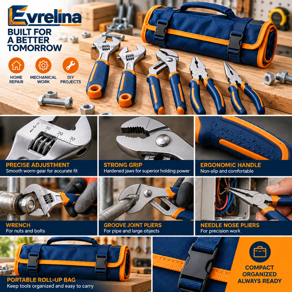 Evrelina Adjustable Wrench and Pliers Roll-Up Tool Set — features view