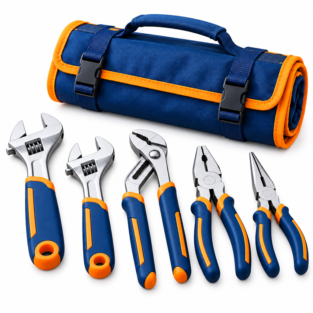 Evrelina Adjustable Wrench and Pliers Roll-Up Tool Set — white view